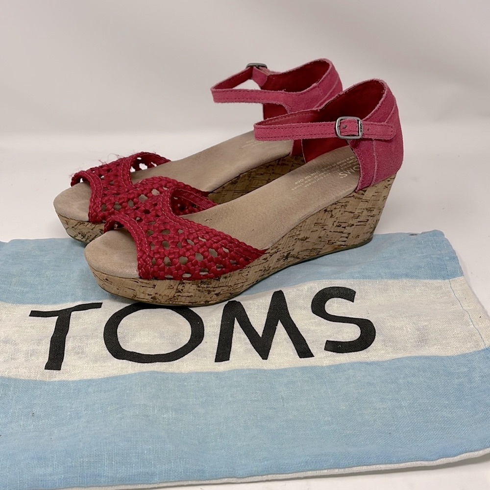 Toms Red Woven Cork Ankle-Strap Wedges